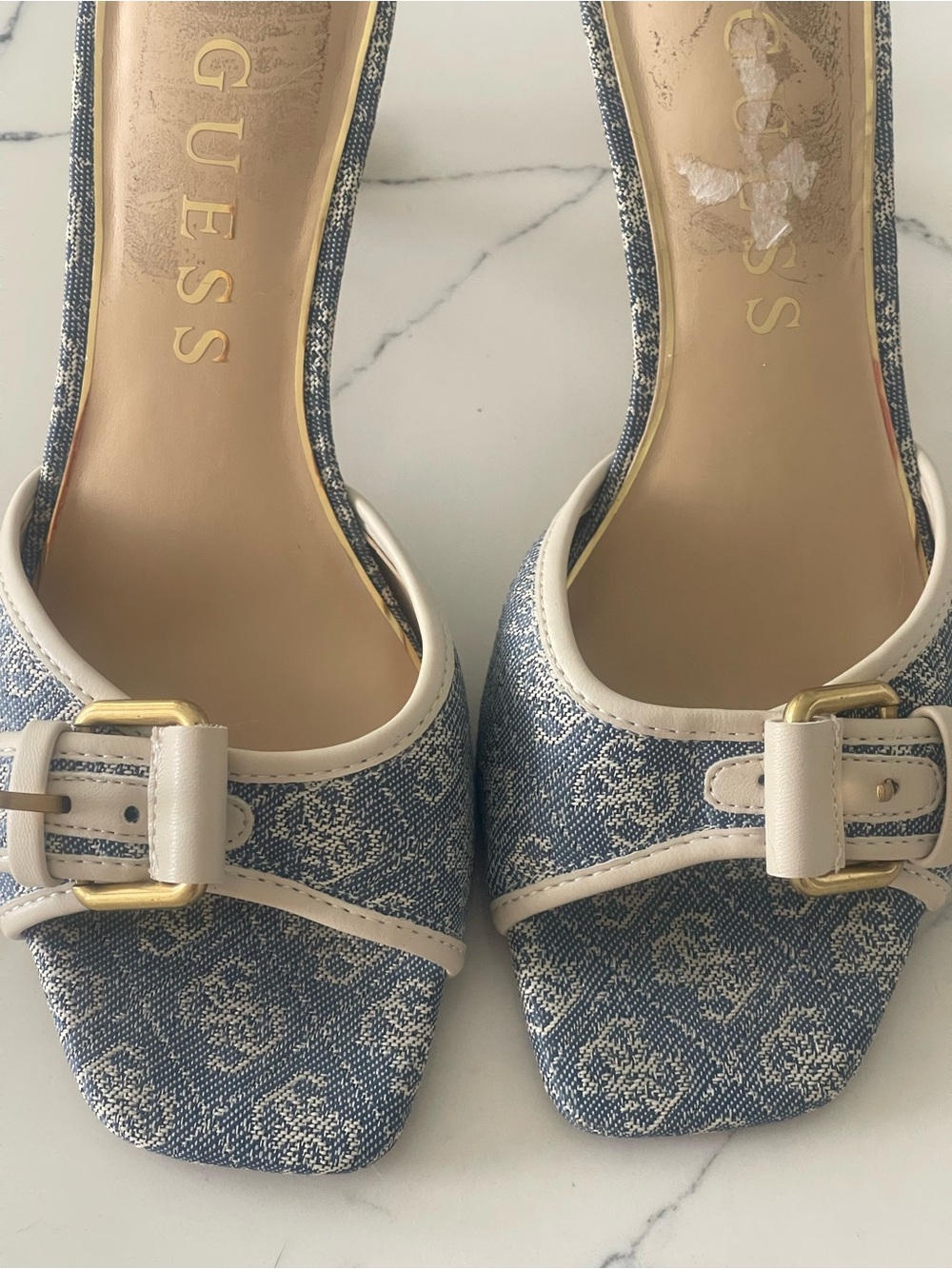 GUESS Blue Denim Logo Buckle Mules with White Trim Luke New size 7